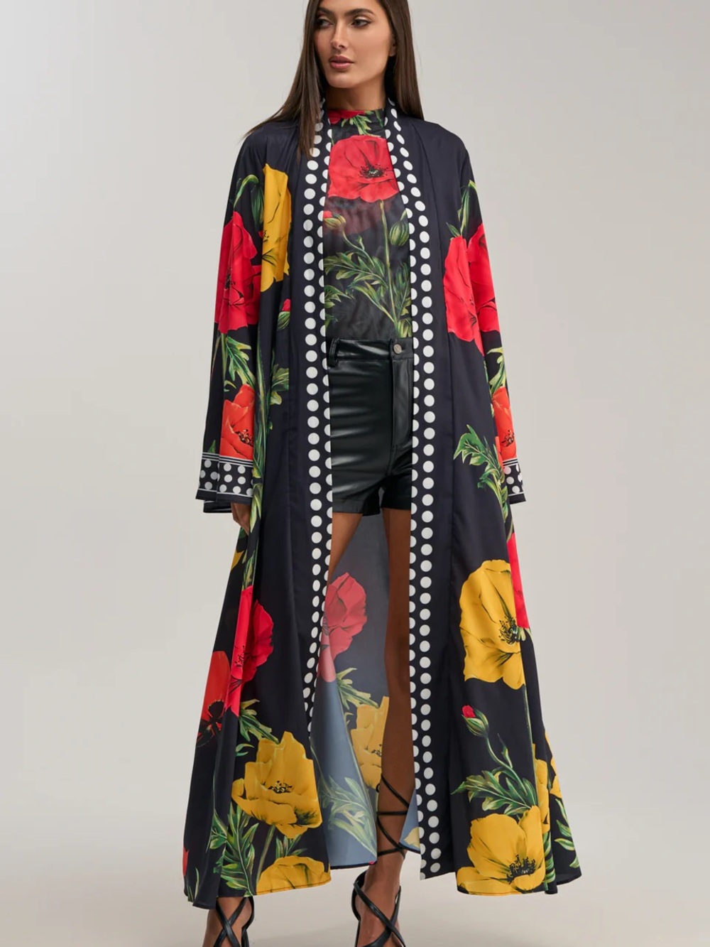 Akira Black Floral Maxi Duster Resort Cover Up Red & Yellow Poppies Size L XL - Picture 1 of 3